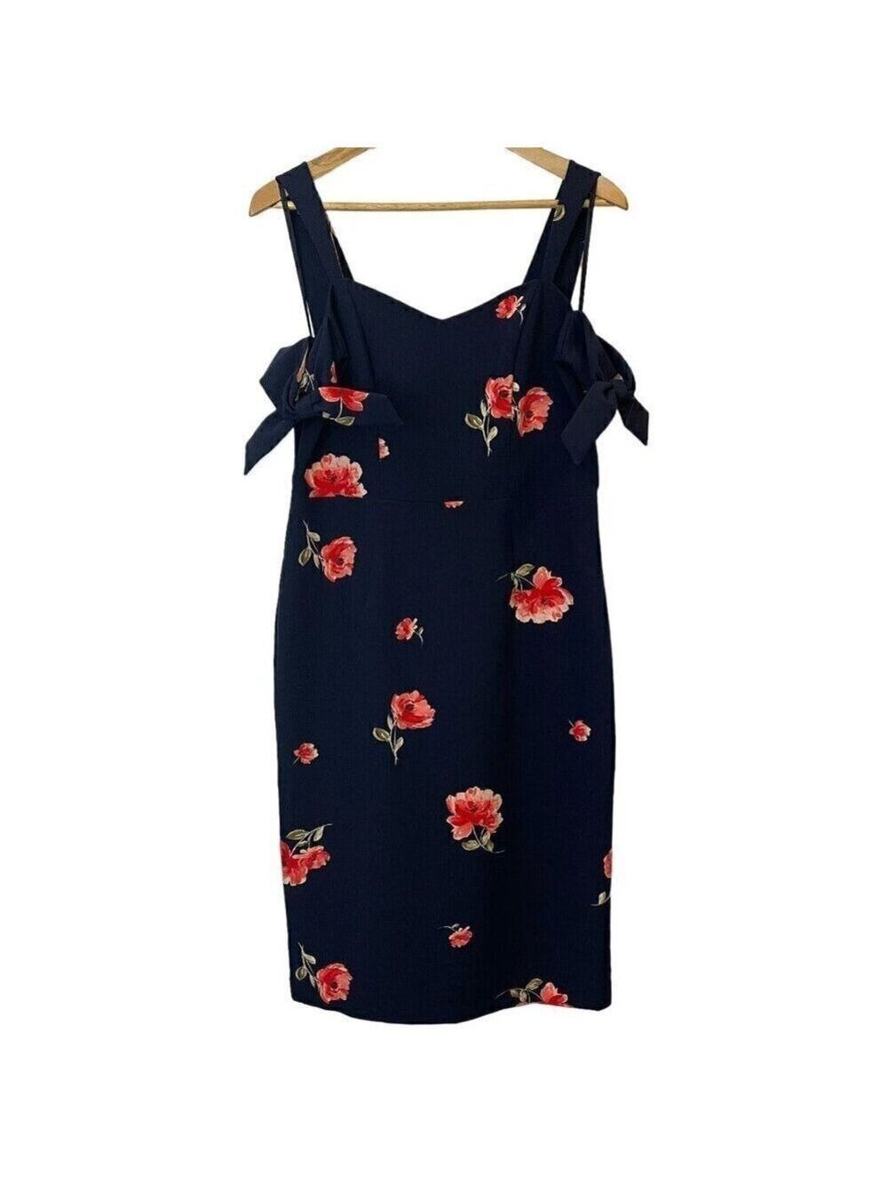 Ashley Graham Navy Floral Bow Sleeve Cocktail Sheath Dress Size 10 Garden Party